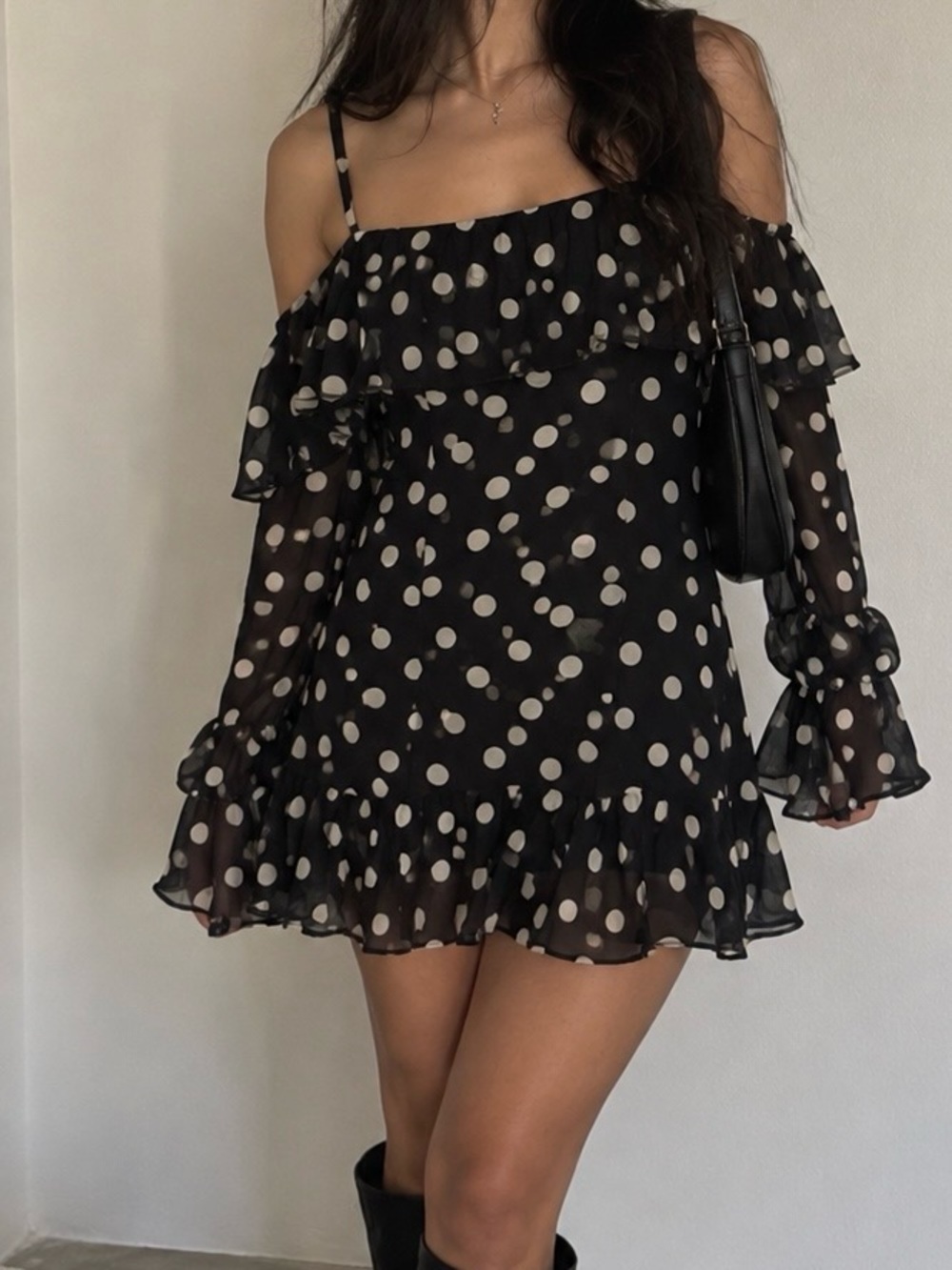Olivaceous Black Mini Dress with White Polka Dots and Ruffled Hem